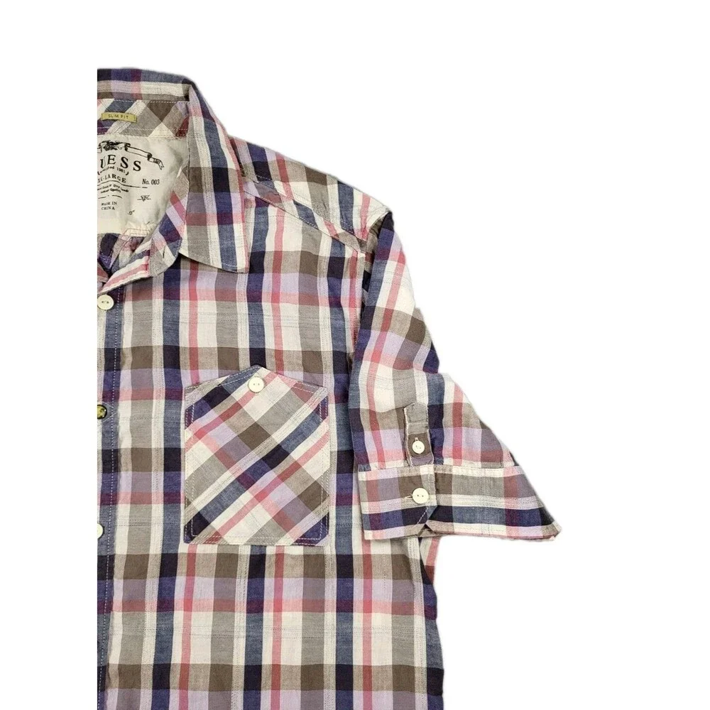 GUESS Men's Slim Fit Short Sleeve Plaid Shirt - Multicolor (Blue/Pink/Gray) - Picture 7 of 14